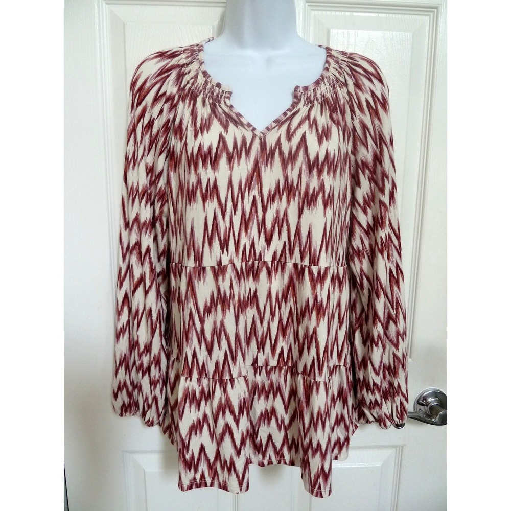 Wonderly Womens M Maroon White Zig Zag Tiered Boho Balloon Sleeve Top Blouse
